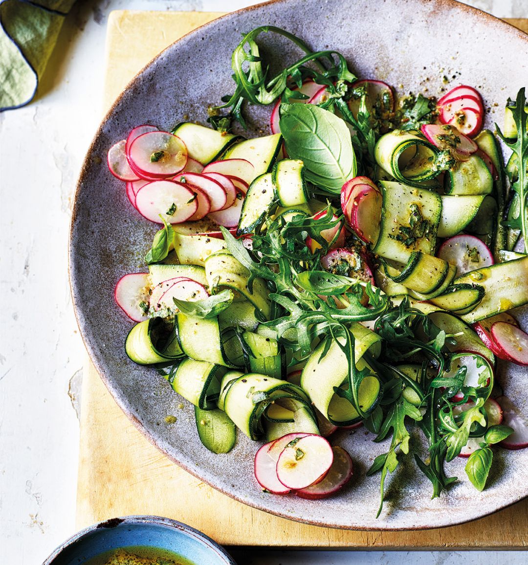 Courgette and radish ribbon salad with basil dressing