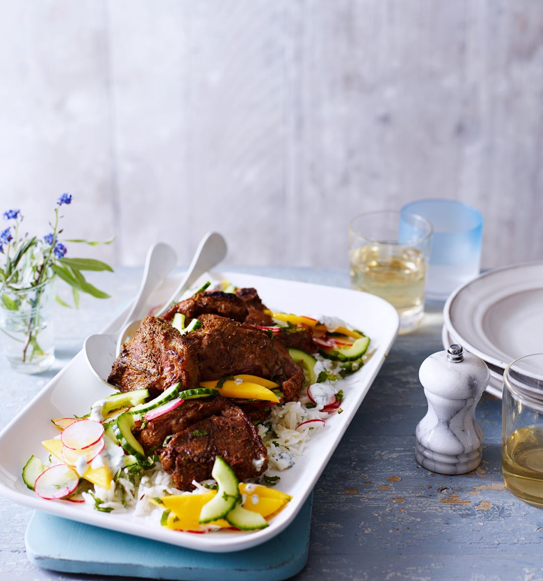 Indian-spiced lamb chops with mango and cucumber salad