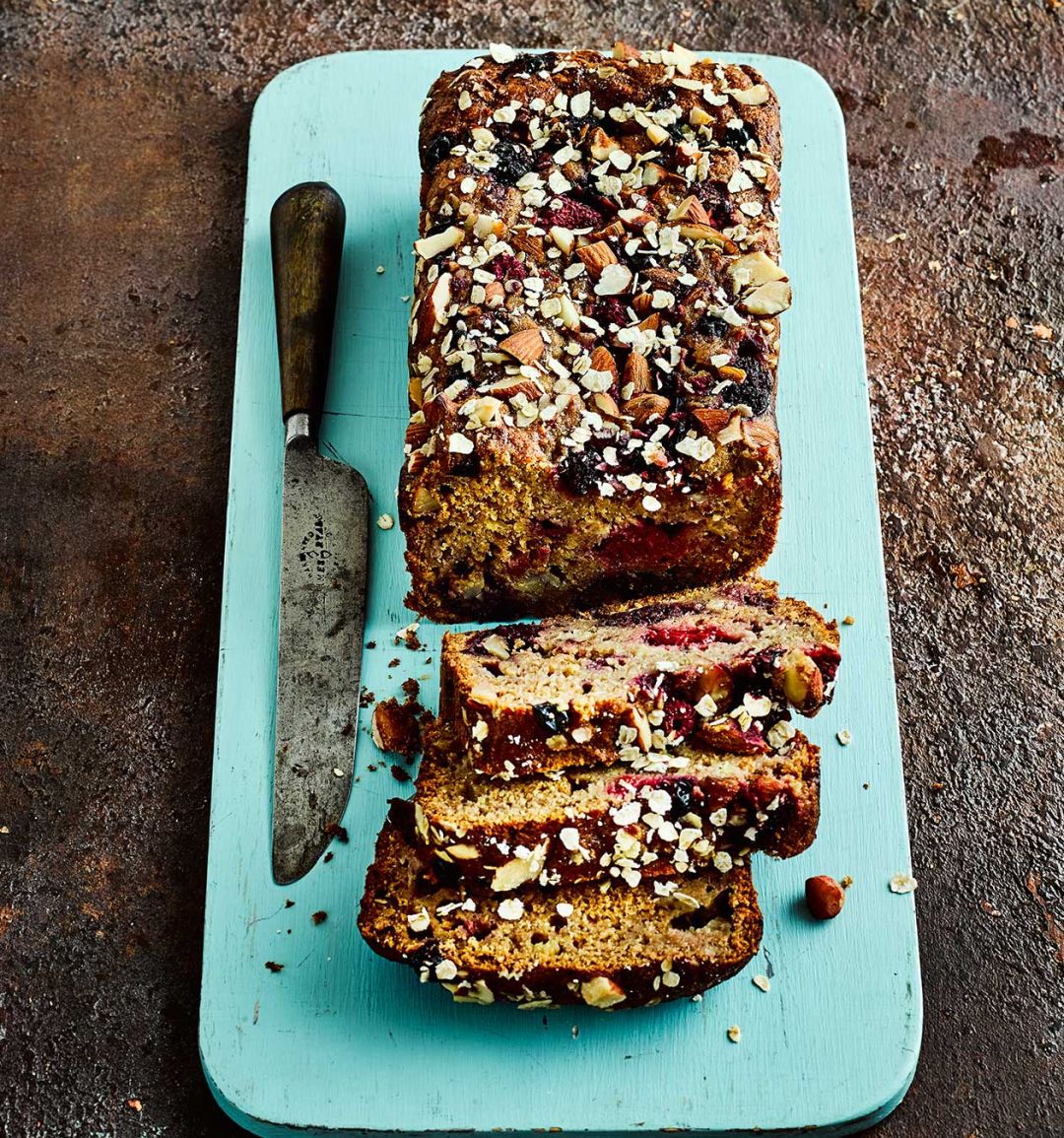 Honeyed fruit and almond banana loaf