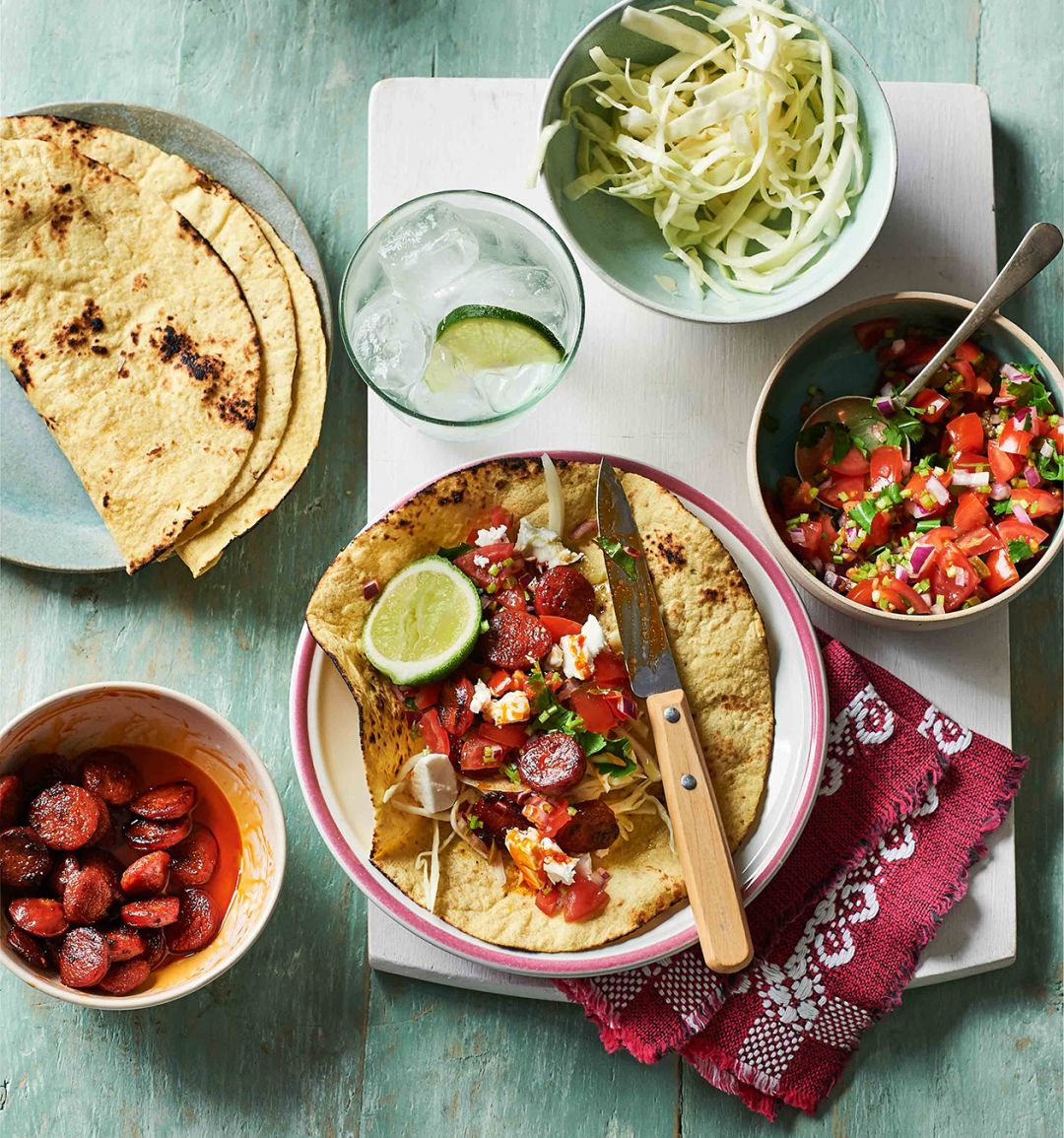 Chorizo tacos with salsa and feta