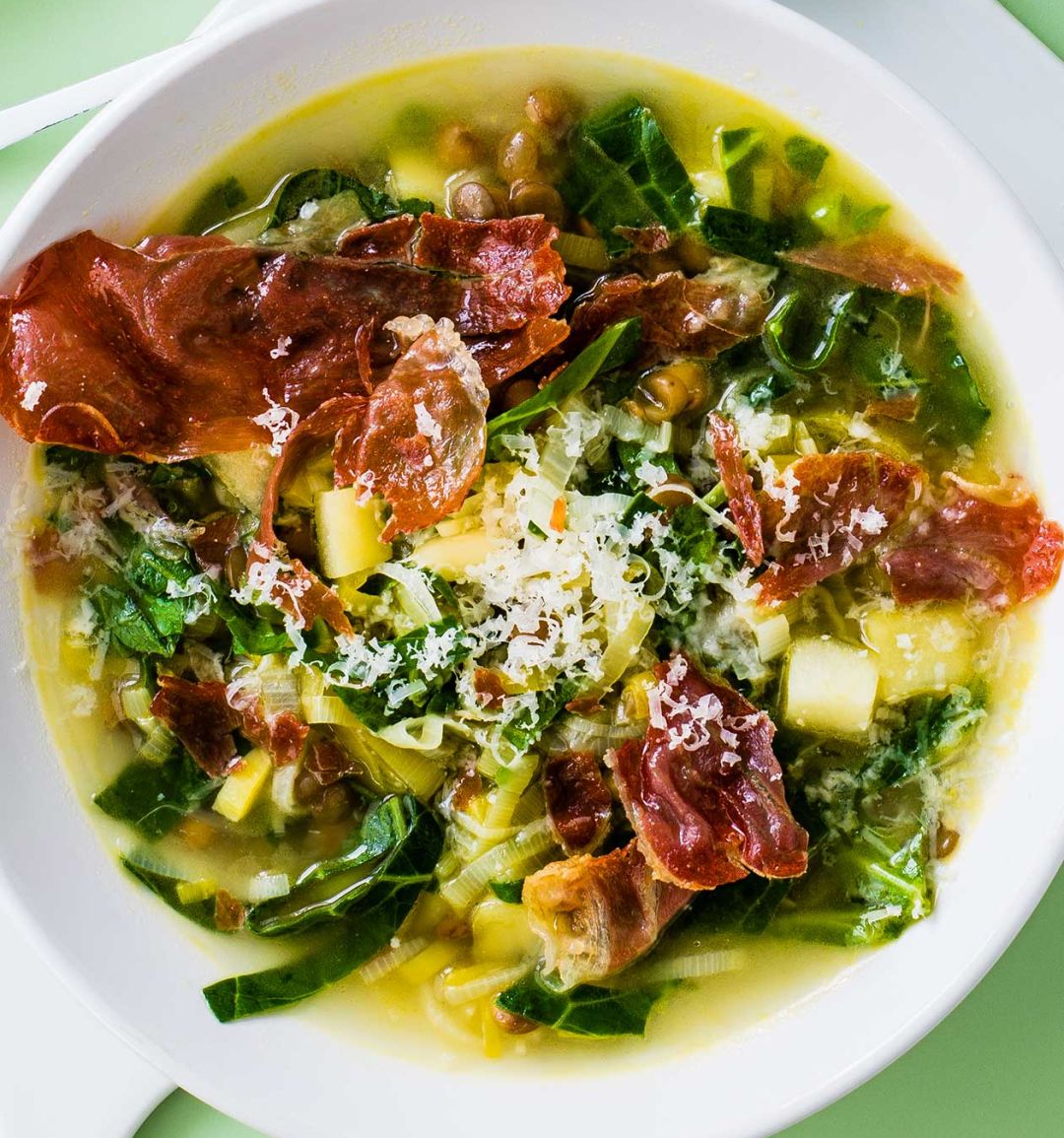 Leek and apple minestrone with crispy Parma ham
