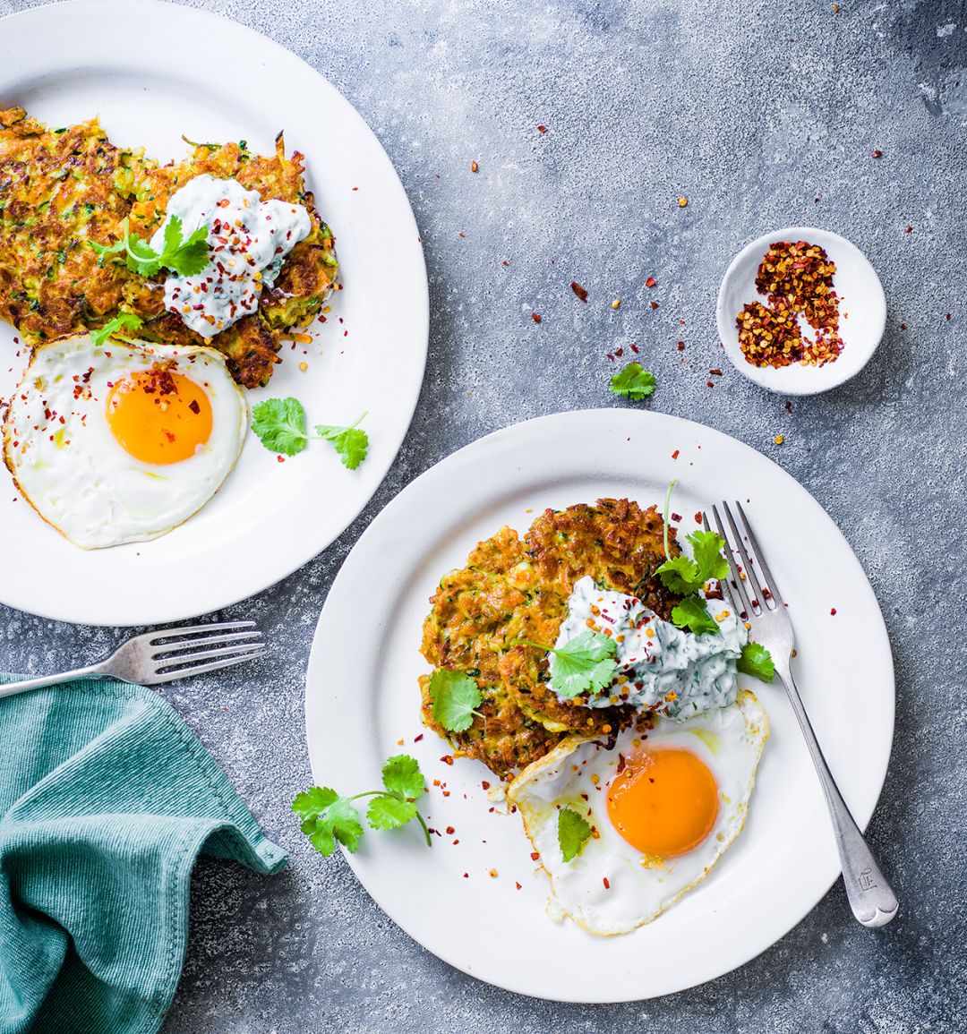 Curried halloumi fritters, raita and fried egg