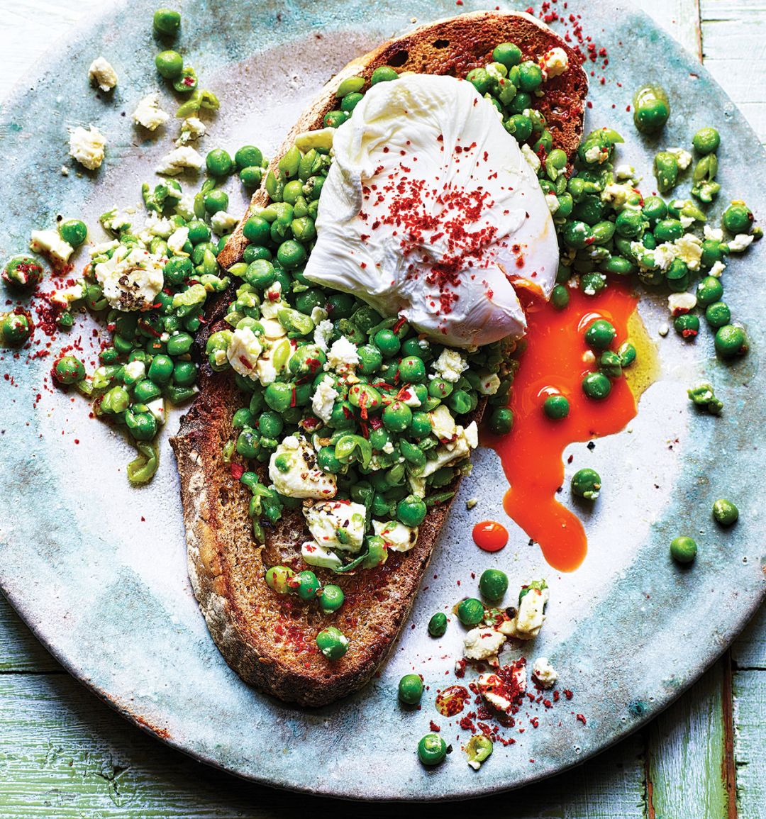 Pea and feta smash with poached eggs on toast