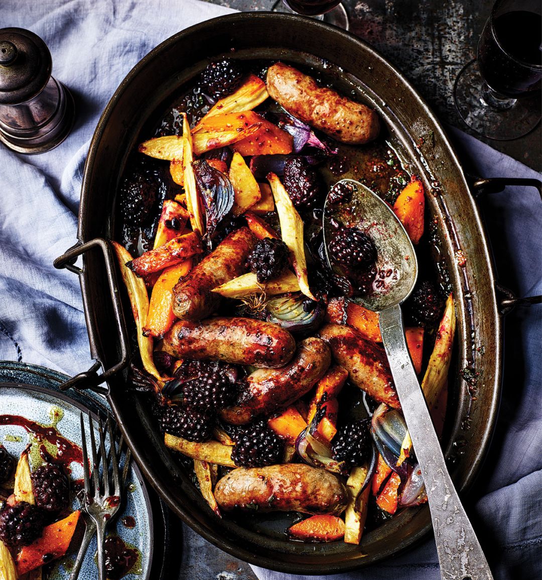 Sausage, sage and blackberry traybake