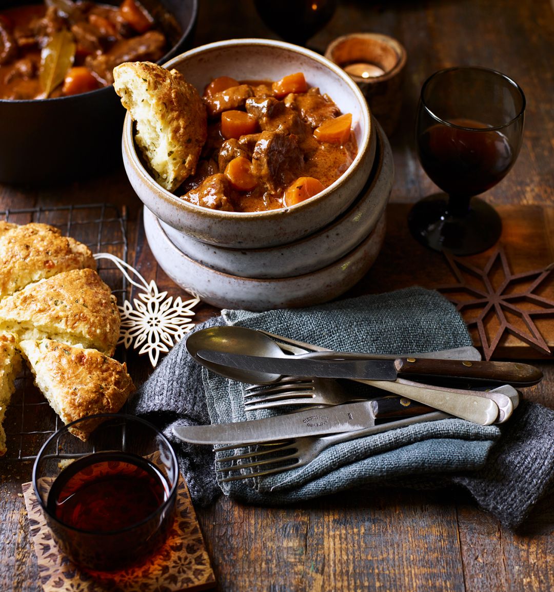 Storecupboard beef stew and cheese biscuits