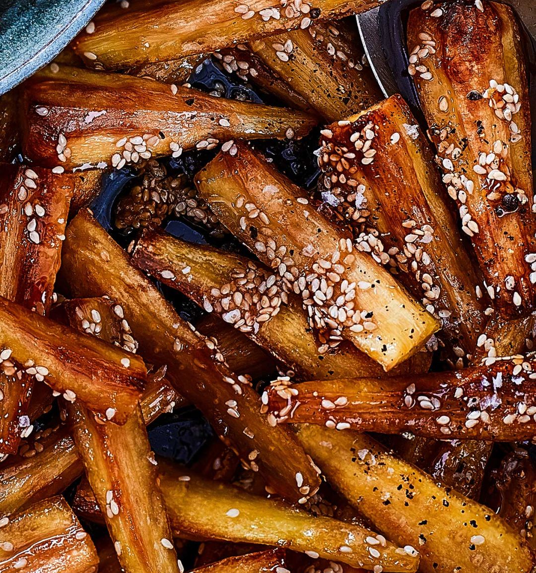 Maple and sesame parsnips