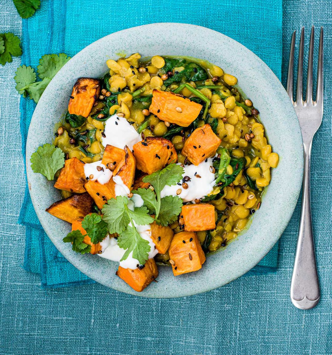 Spinach and split pea dhal with roasted sweet potato