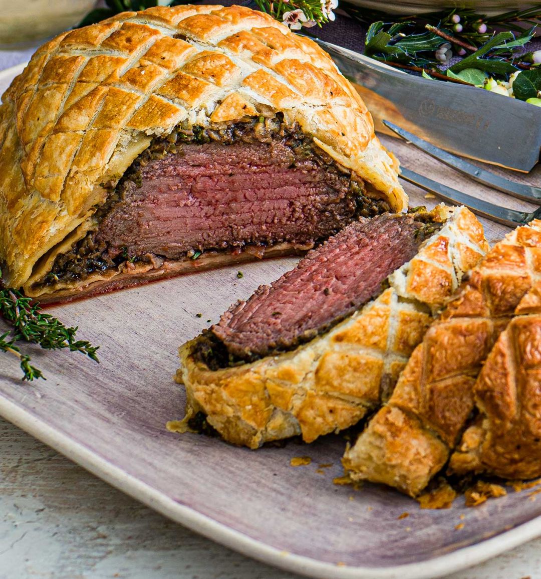 Beef wellington with porcini sauce