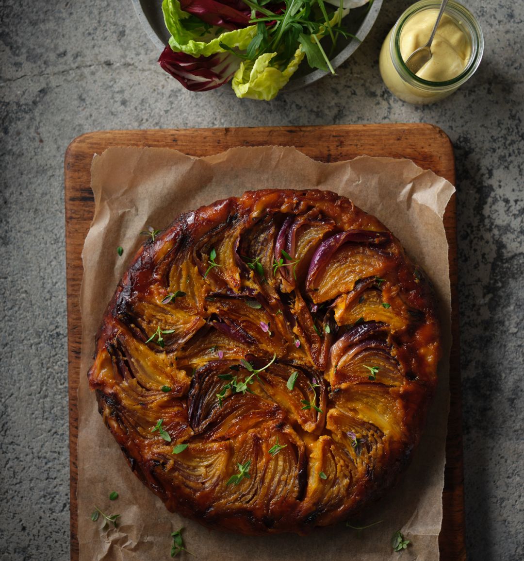Maille mustard vegetarian red onion tarte tatin
