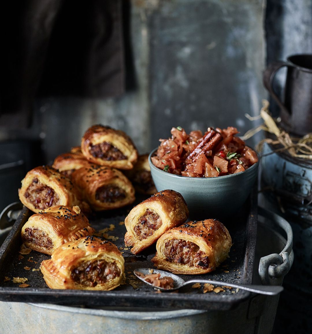 Jerk sausage rolls with pineapple chutney