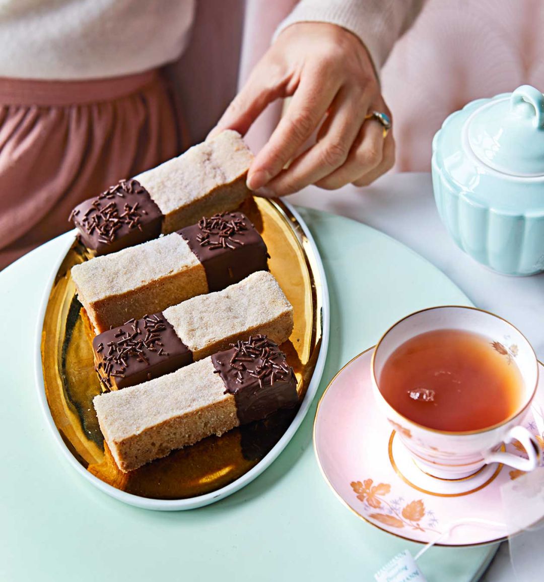 Chocolate-dipped chai butter shortbread