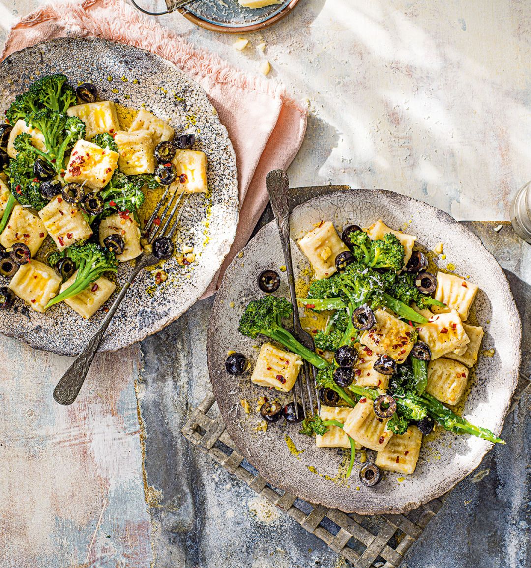 Potato and ricotta gnocchi with purple sprouting broccoli