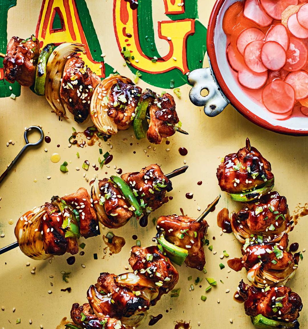 Char siu chicken sticks with pickled radish and carrot salad