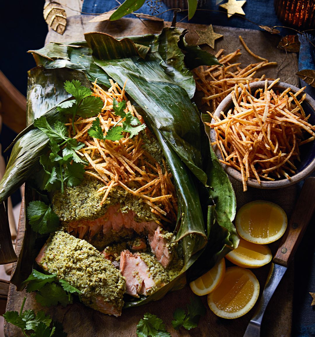Coconut and coriander salmon with crispy straw potatoes