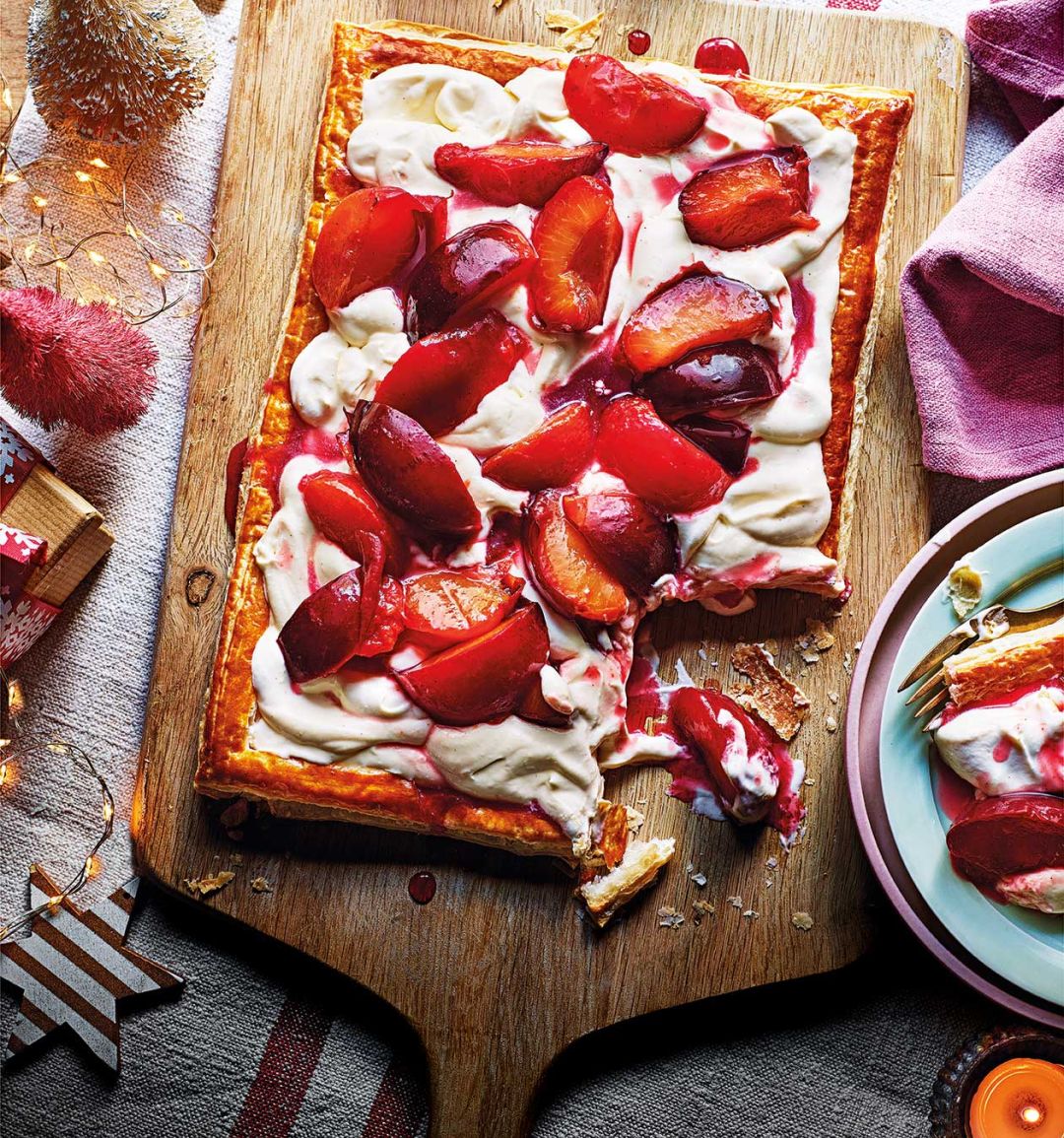 Boozy plum custard cream tart