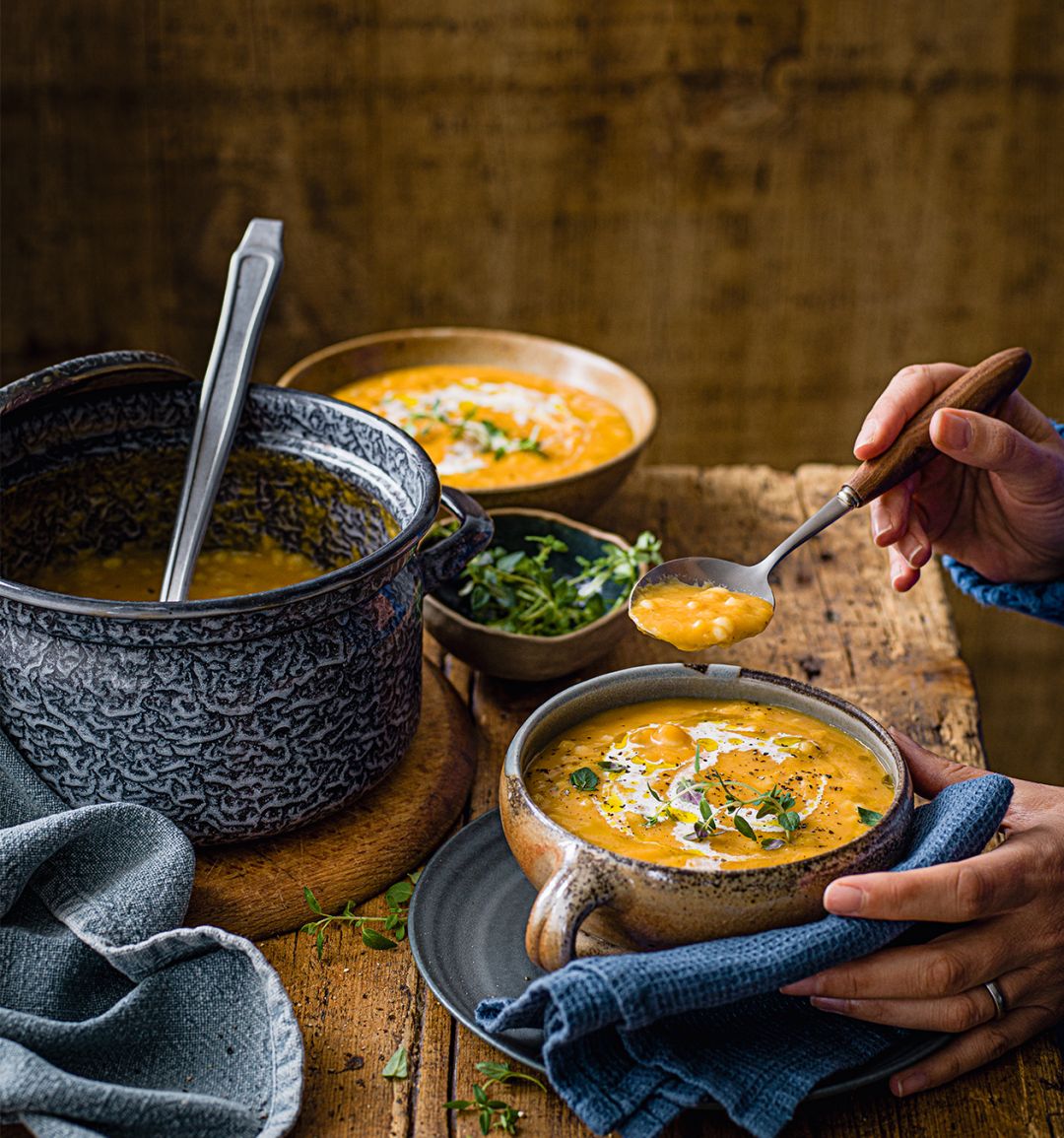 Roast squash, apple and barley soup