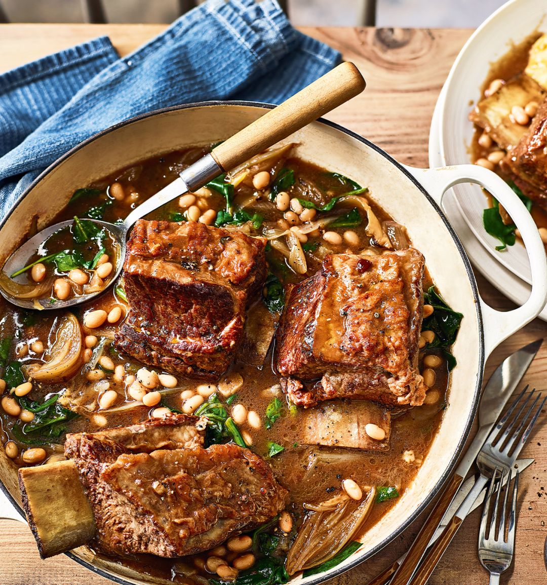 Balsamic beef short ribs with haricot beans and spinach