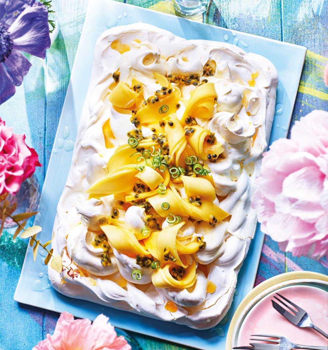 Mango sheet pavlova with lime passion cream