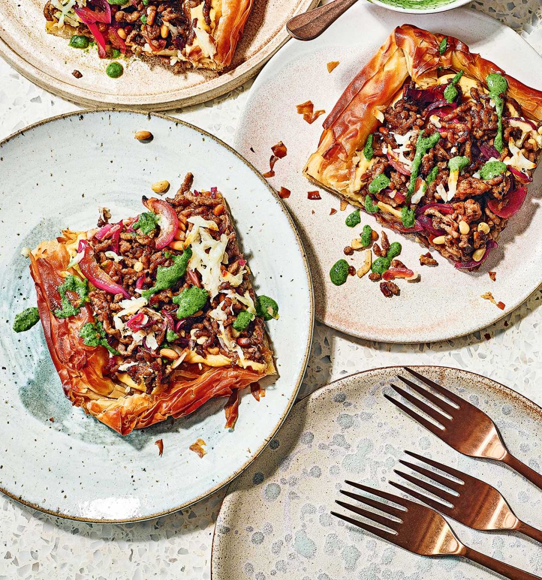 Moroccan lamb filo pie with chermoula drizzle