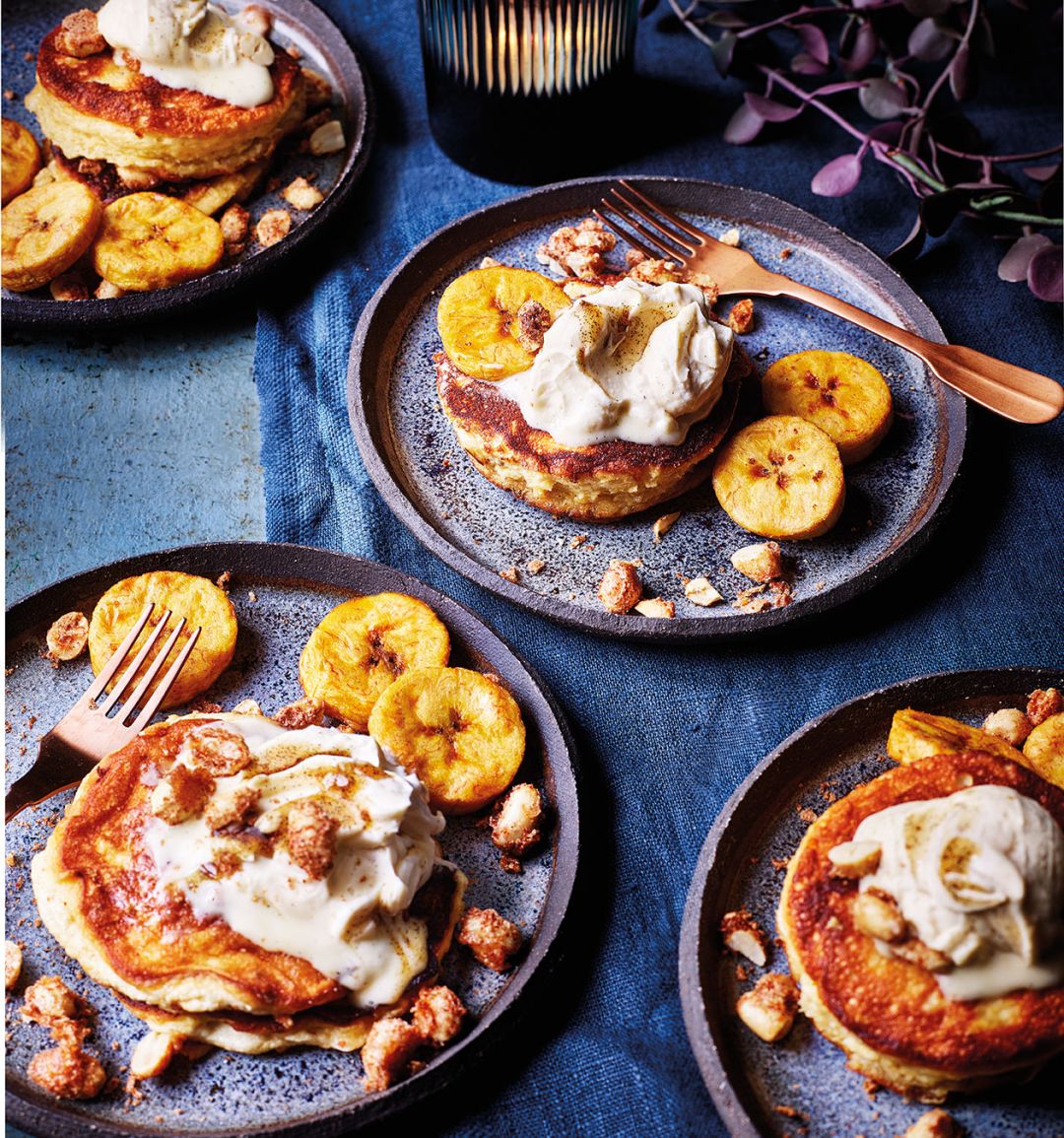 Plantain soufflé pancakes with peanut crumble