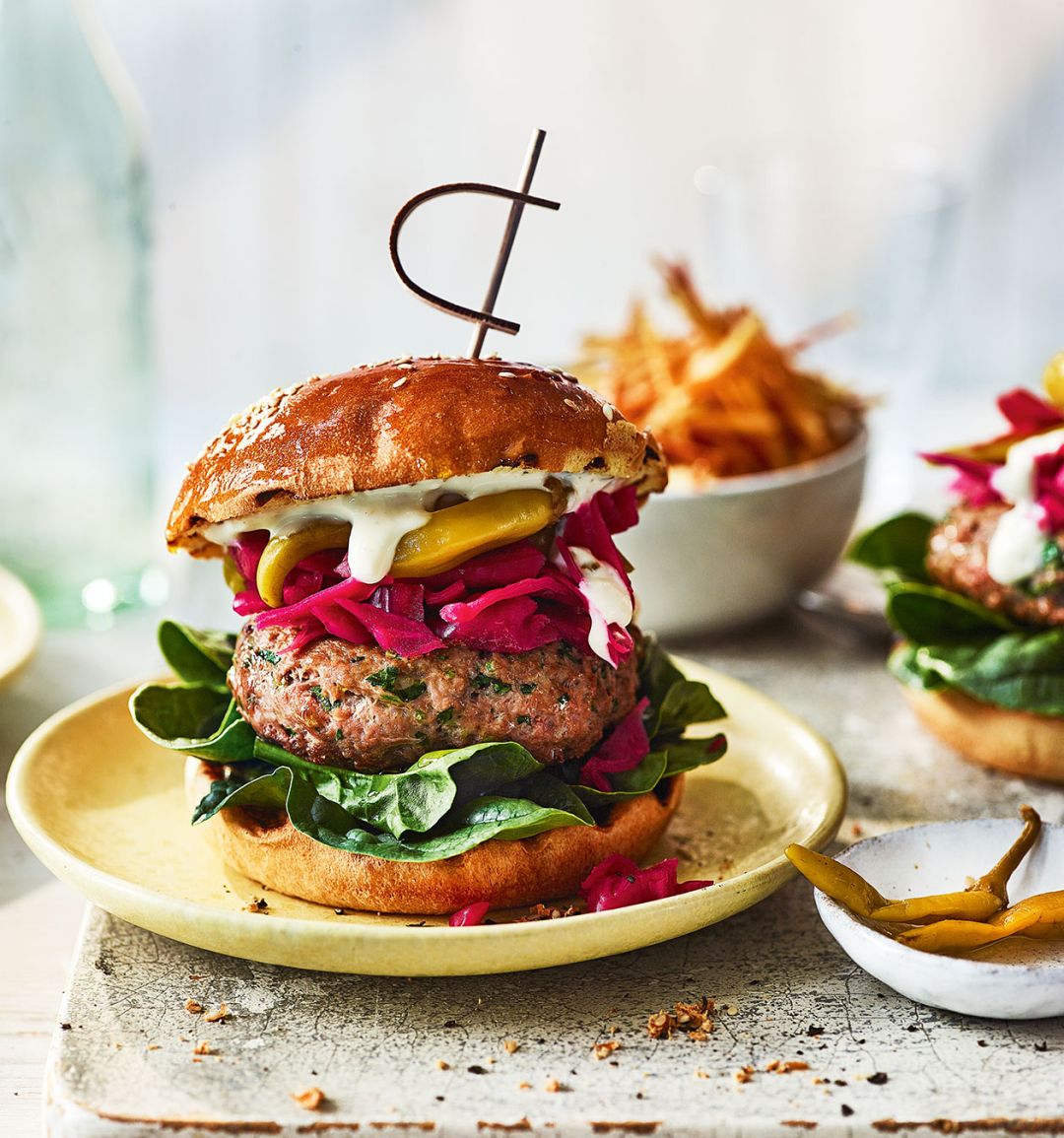 Smoky lamb burger with pickled red cabbage, chilli and garlic sauce
