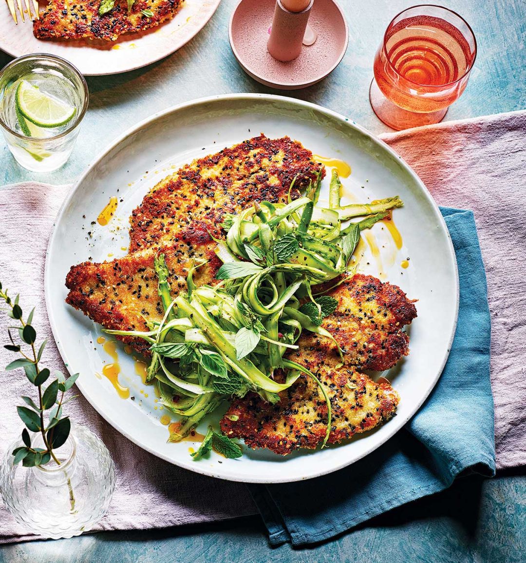 Sesame chicken Milanese with shaved asparagus salad