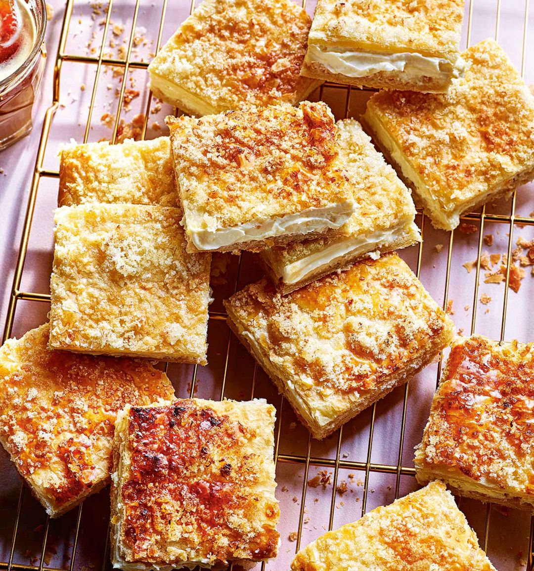 Lemon puff cheesecake slice