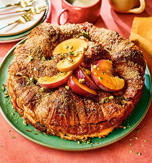 Peach and pistachio croissant cake