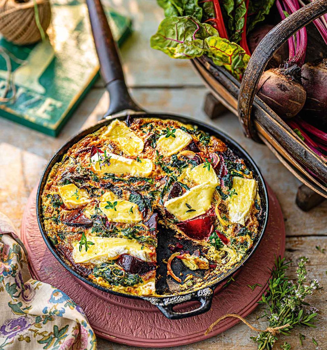 Roast beetroot, greens and brie frittata