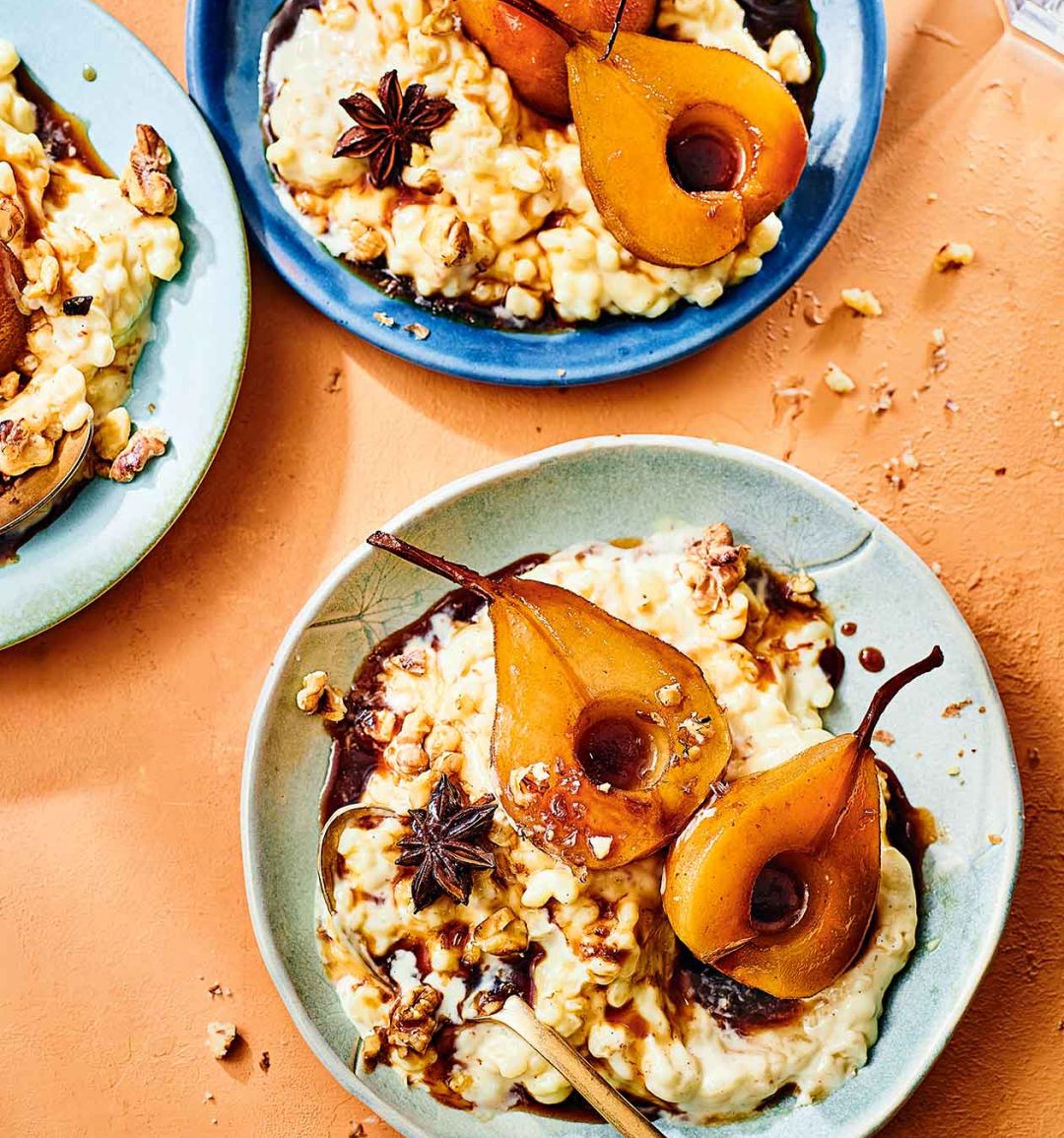 Rice pudding with balsamic poached pears