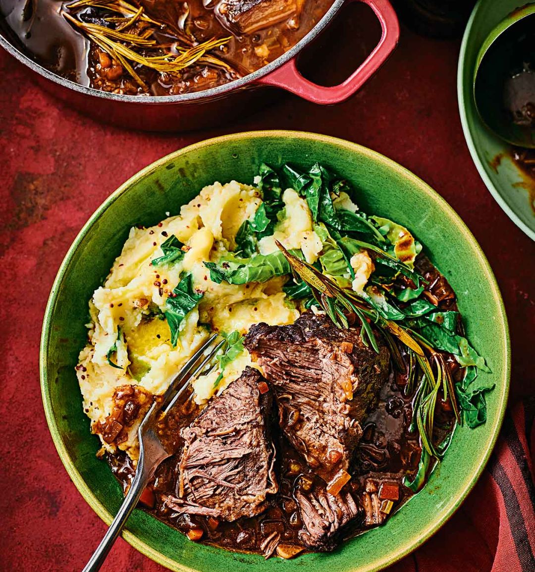 Treacle-braised short ribs with mustard mash and greens