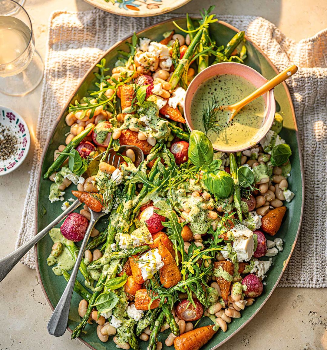 Roast spring veg and white bean salad with green tahini