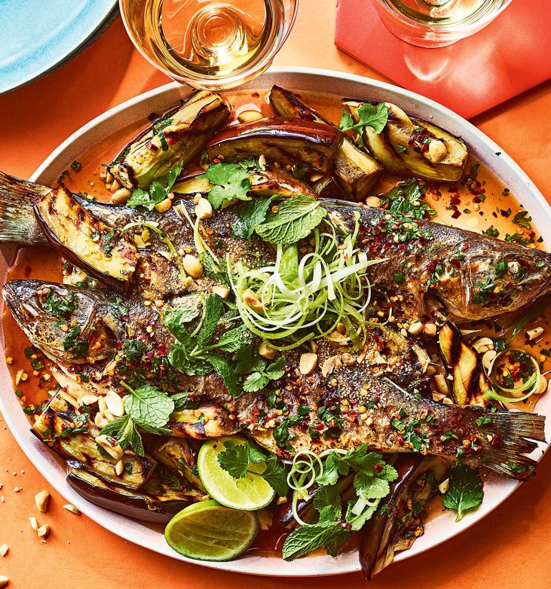 Thai-style grilled sea bass and aubergine