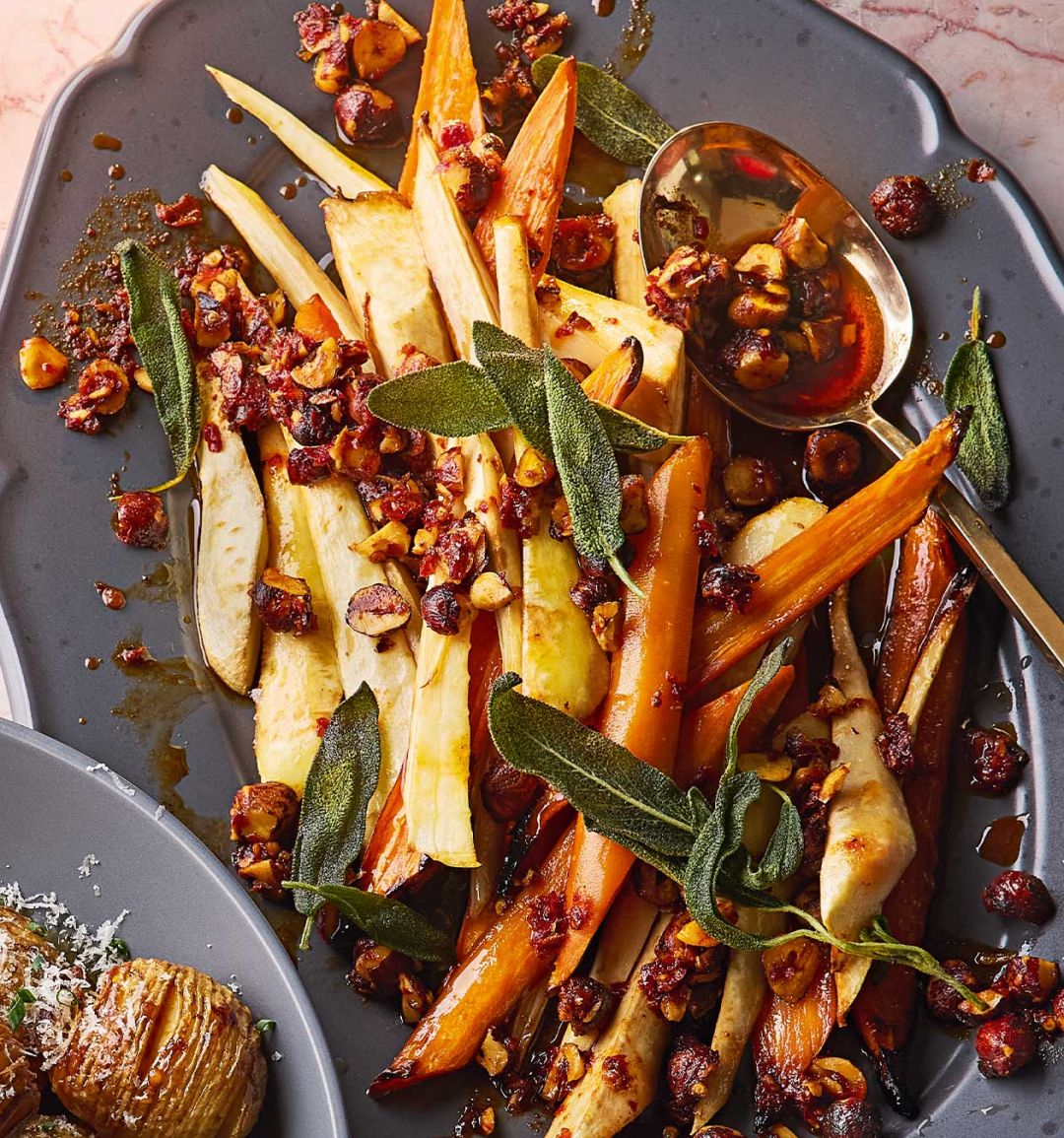 'Nduja and hazelnut root veg