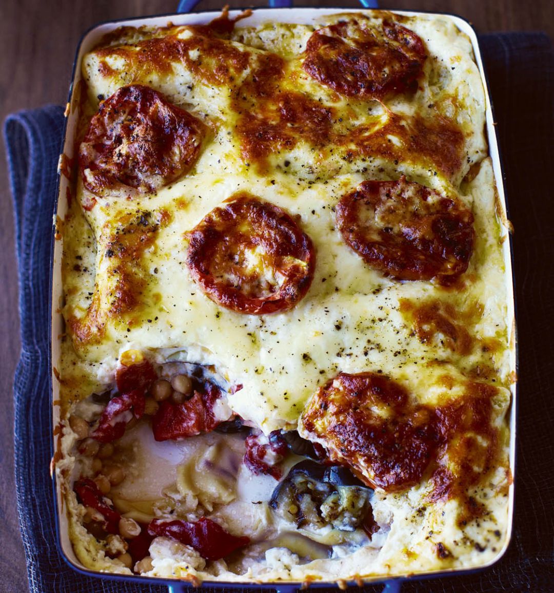 Roasted tomato, aubergine and chickpea lasagne