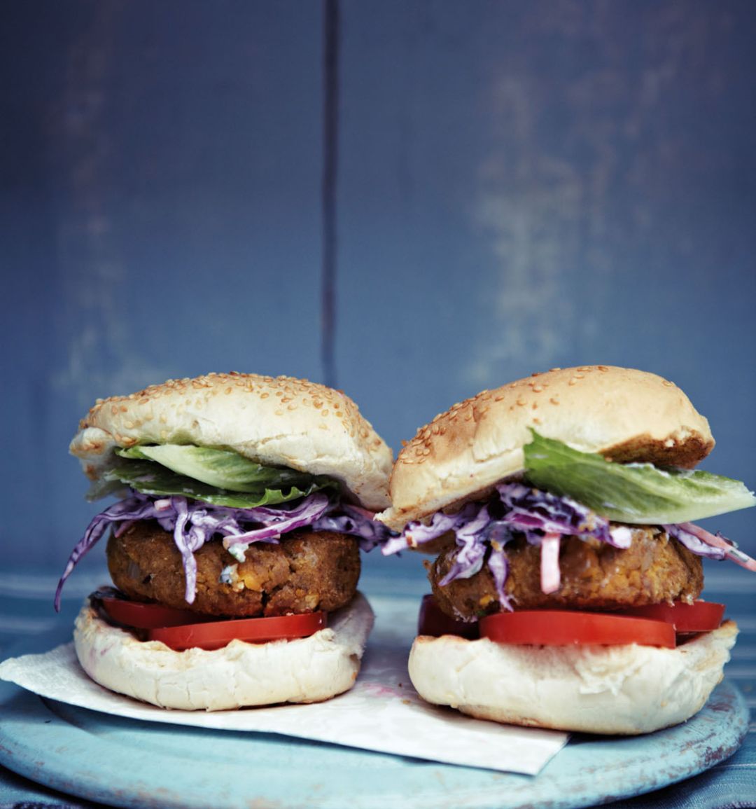 Mile-high chickpea burgers with purple coleslaw