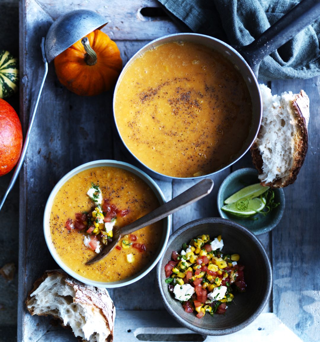 Pumpkin soup with tomato, corn and coriander salsa
