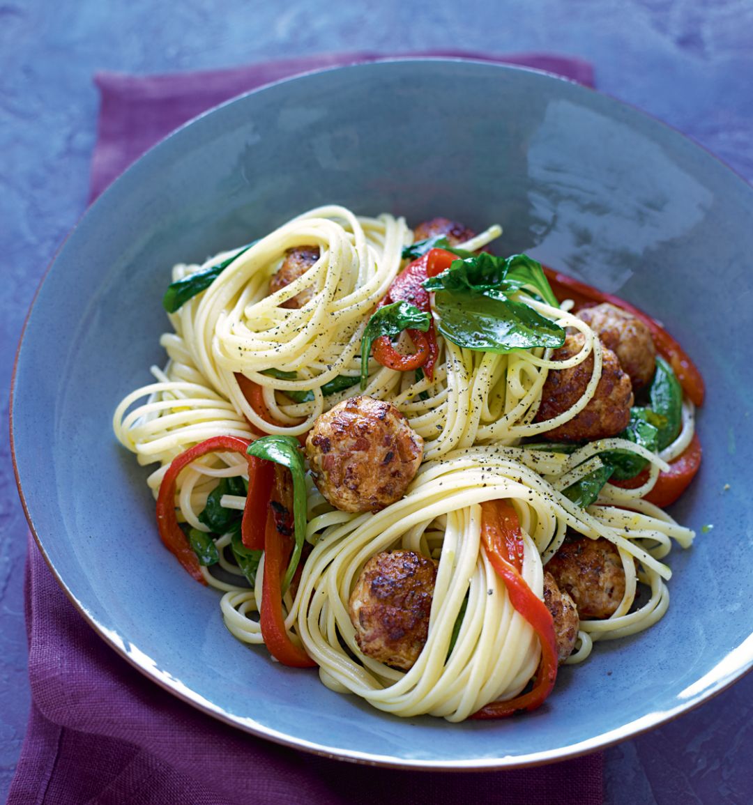Linguine with turkey meatballs and roasted peppers