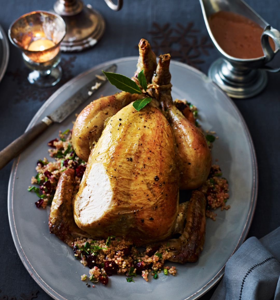 Roast chicken, gluten-free stuffing and redcurrant gravy