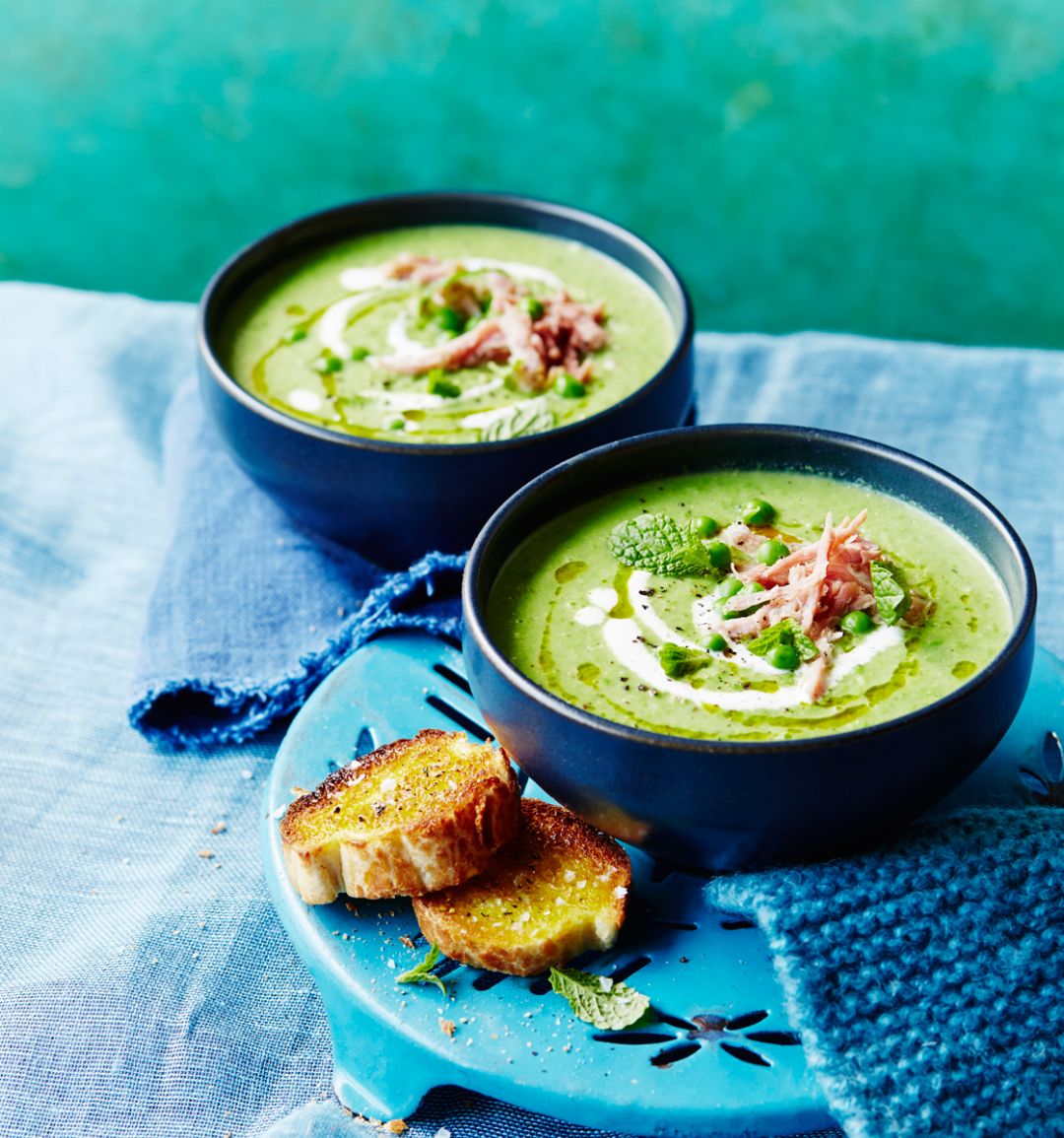 Pea and mint soup with ham hock
