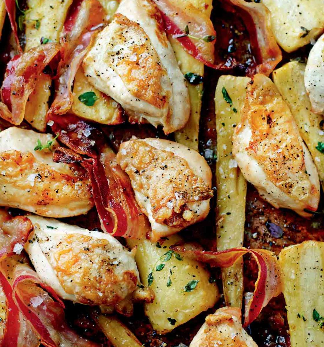 Chicken, pancetta and maple syrup traybake