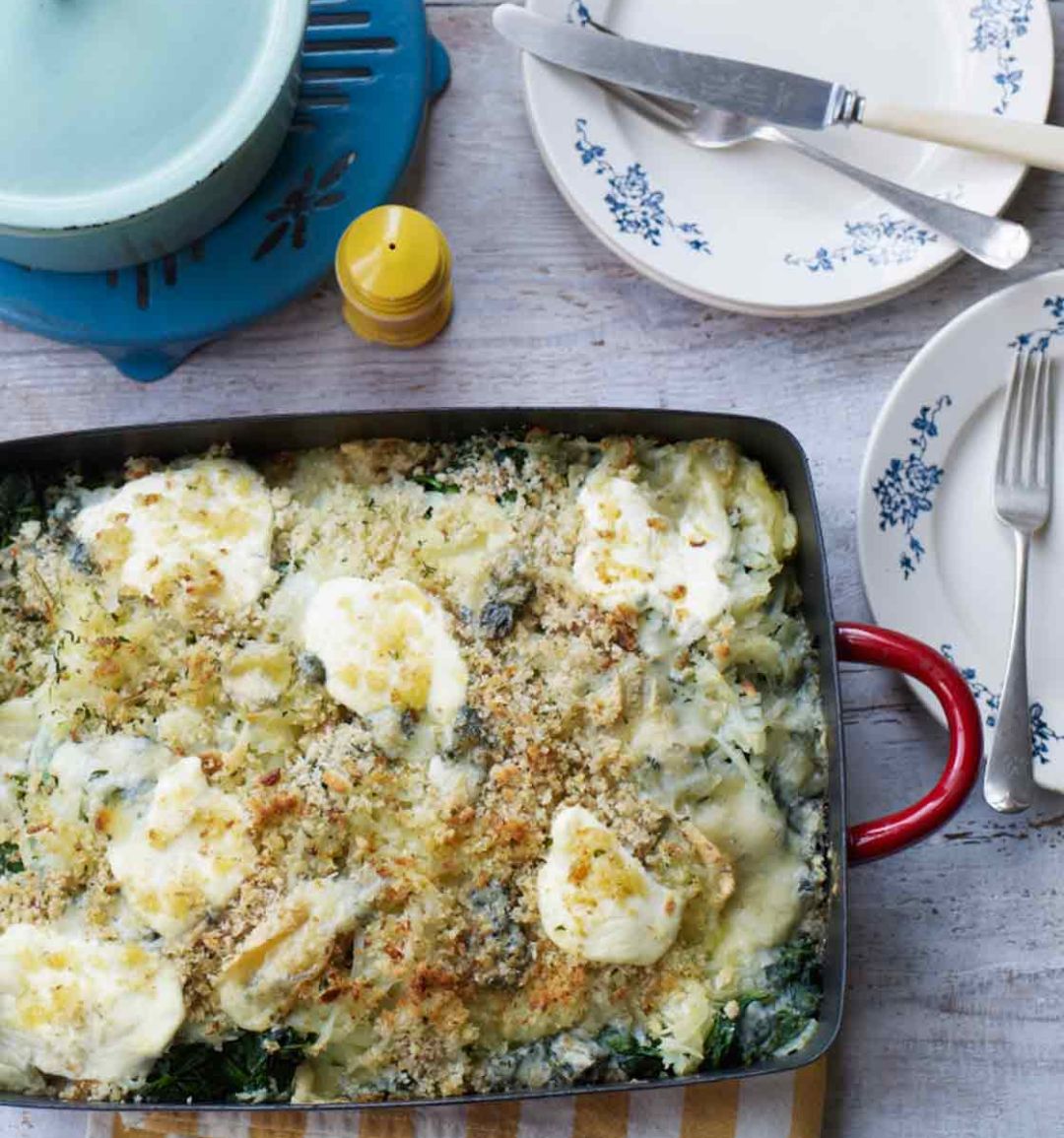 Two cheese, spinach and potato bake