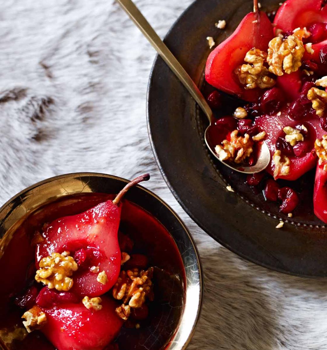 Roasted pears with cranberries and candied walnuts