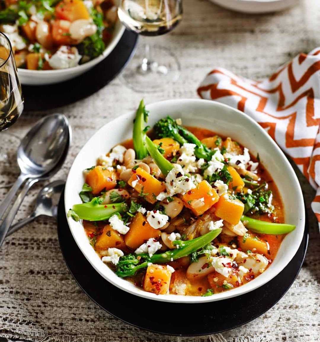 Spiced squash, butter bean and purple sprouting broccoli stew