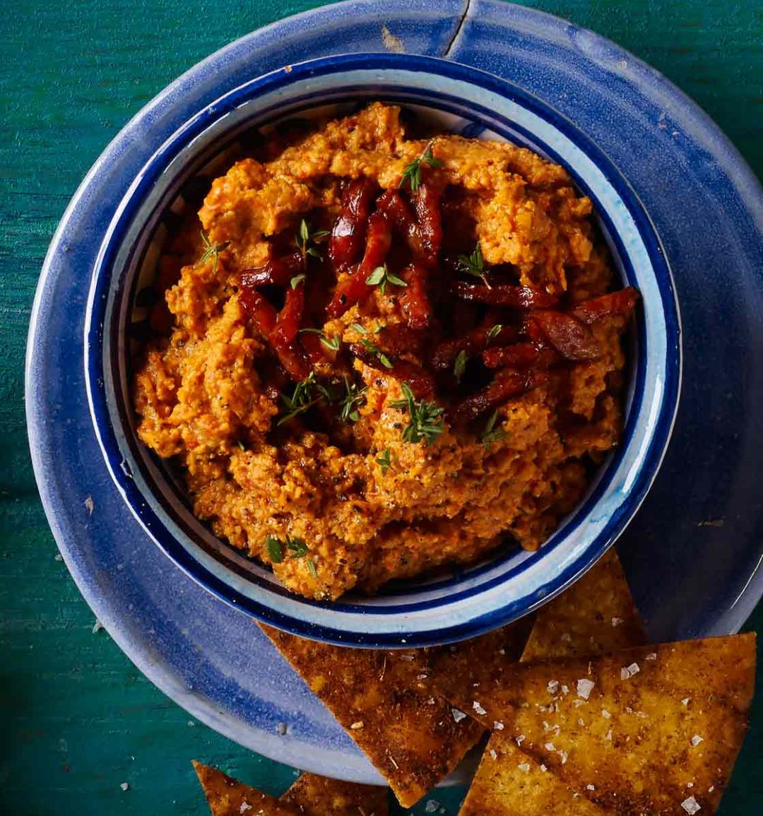 Roasted red pepper houmous with chorizo
