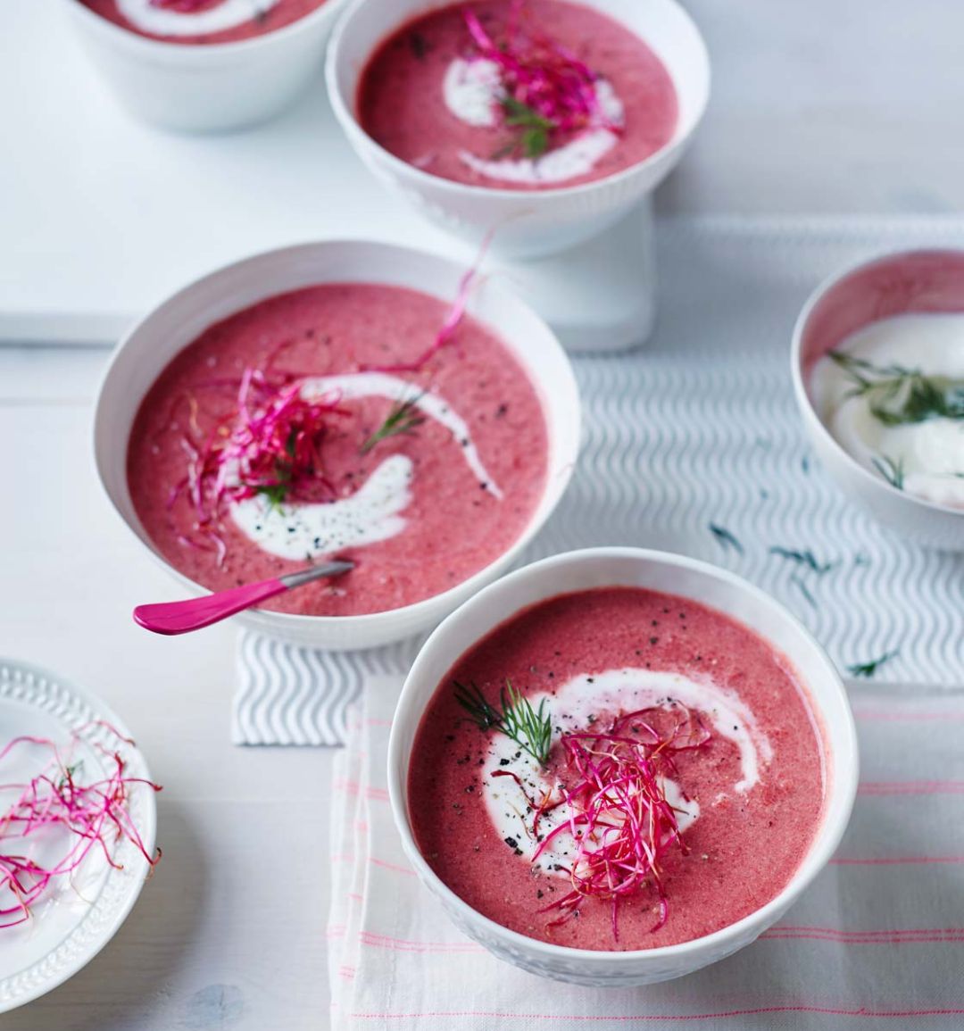 Beetroot and apple soup with soured cream and dill 