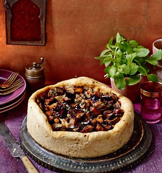 Spiced aubergine pie with olives and preserved lemon