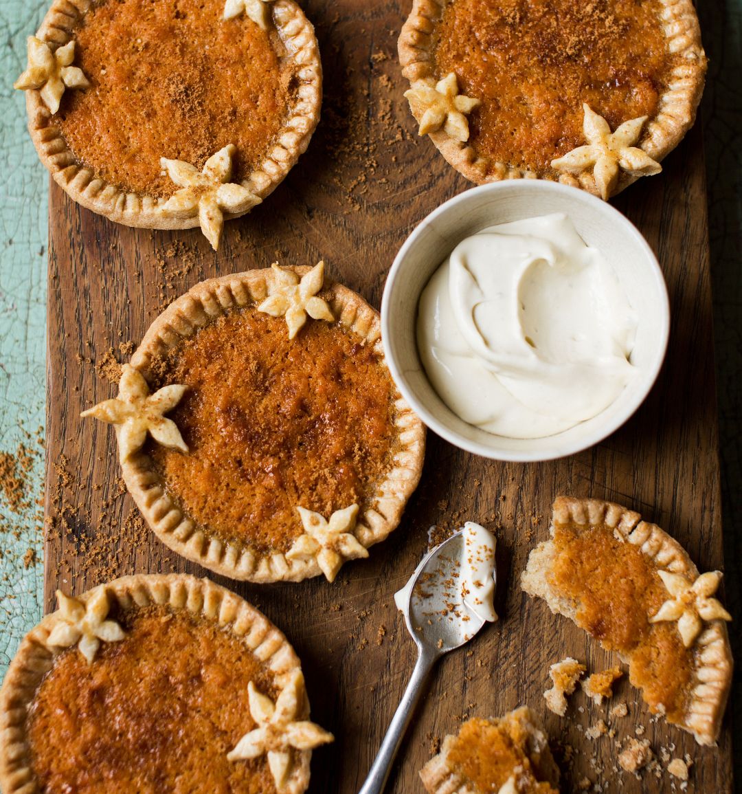 Pumpkin custard tartlets with blue cheese Chantilly