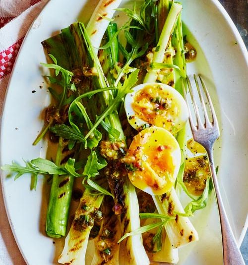 Grilled leek and egg salad with mustard and caper dressing 