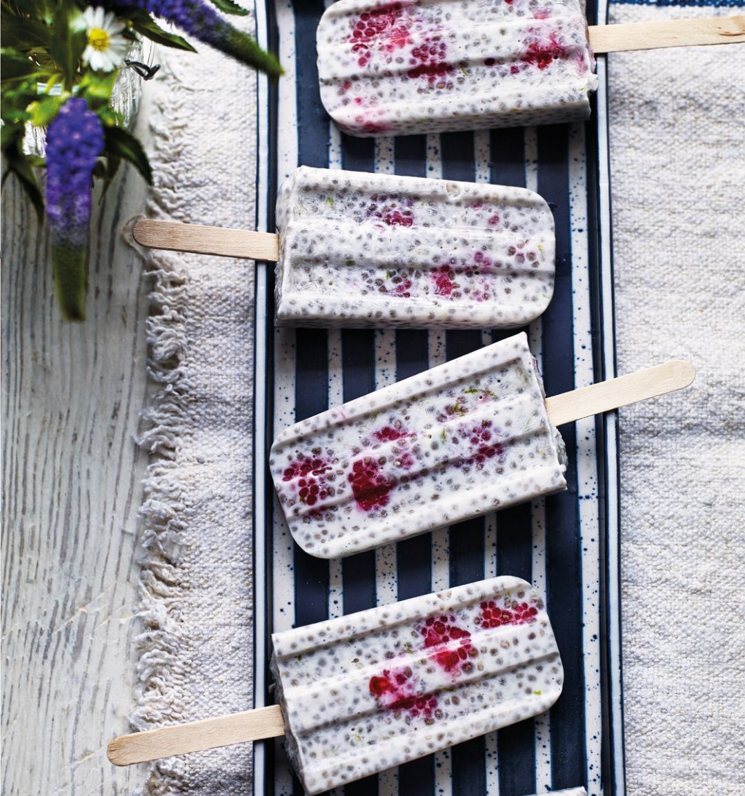 Raspberry, lime and coconut chia ice pops